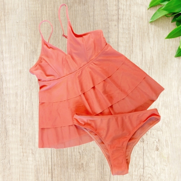 🔖Final Sale! Feraswim NWT Coral 2 pc Tankini Swimsuit with Tiered Ruffle Top - Picture 1 of 15